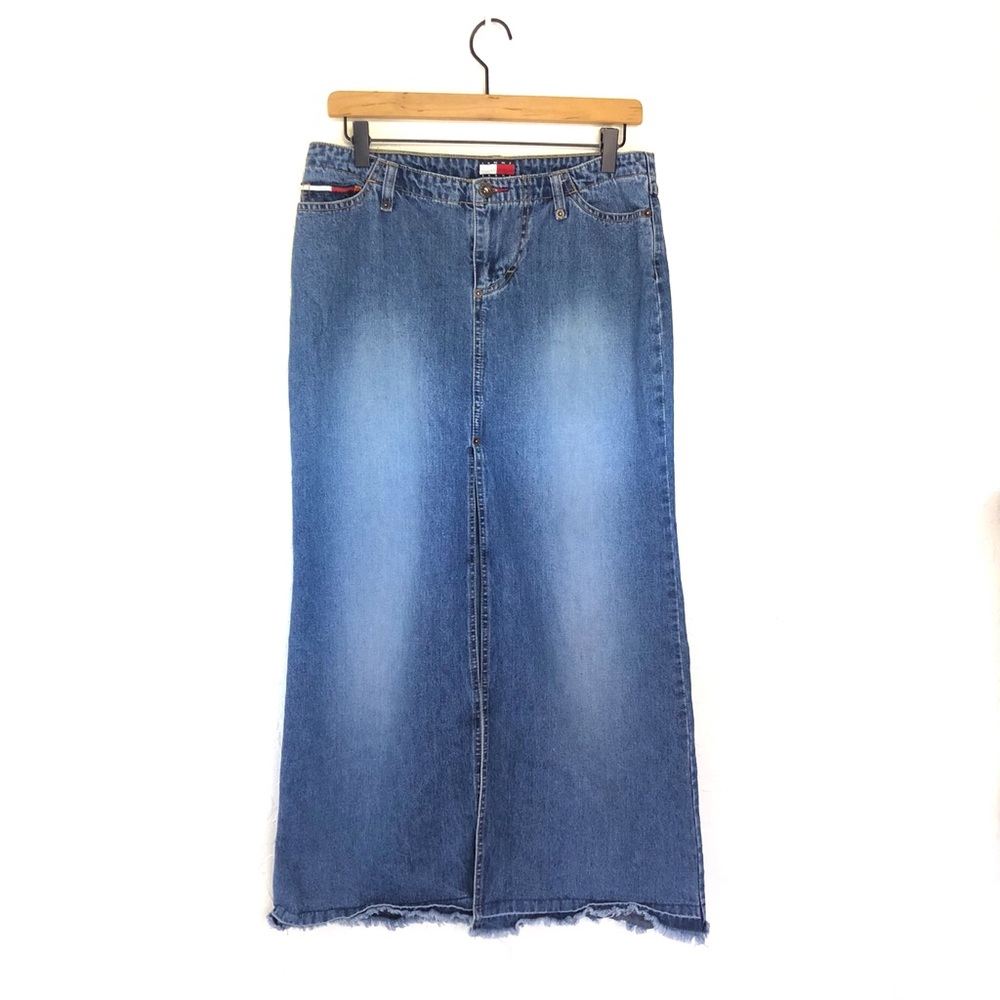 Vintage Y2K Tommy Jeans Maxi High Slit Denim Skirt Distressed Hem Size 9